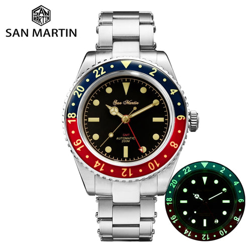 San Martin Diver Retro GMT Luxury Sapphire Rivet Bracelet Water Ghost Men Automatic Mechanical Watch 20Bar Waterproof Luminous freeshipping - nomoneyforolex